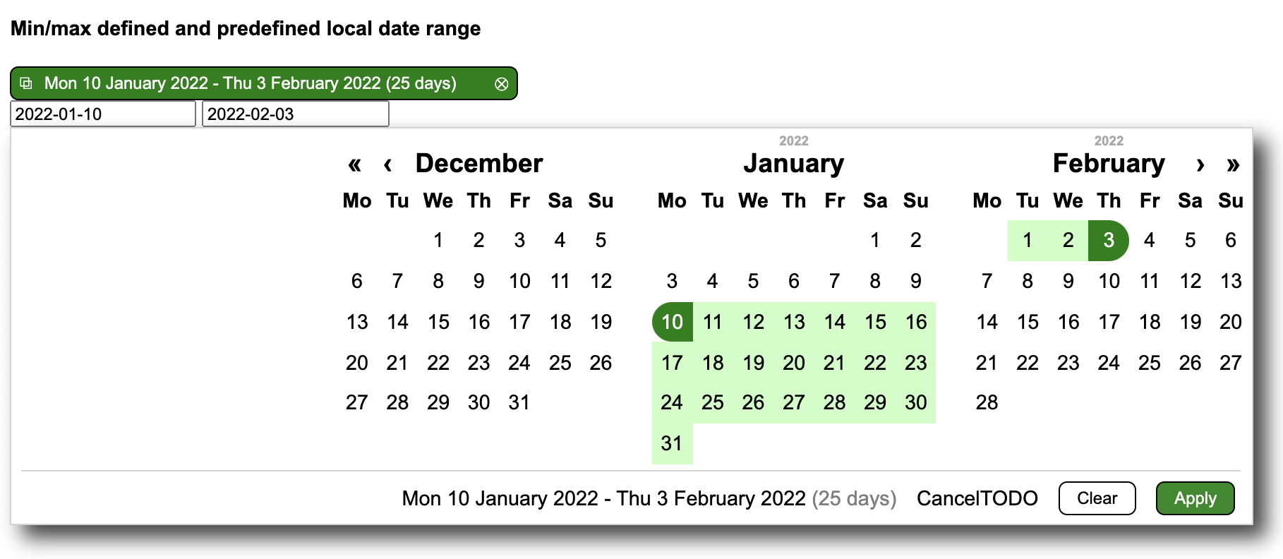 Early version of the local date range picker, with min/max and predefined selected range