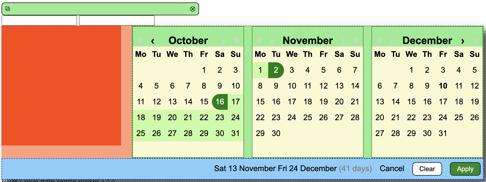 Early prototype of the local date range picker